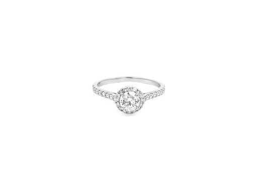 18K White Gold Halo Ring with GIA-Certified Natural Round Diamond and Pave Band